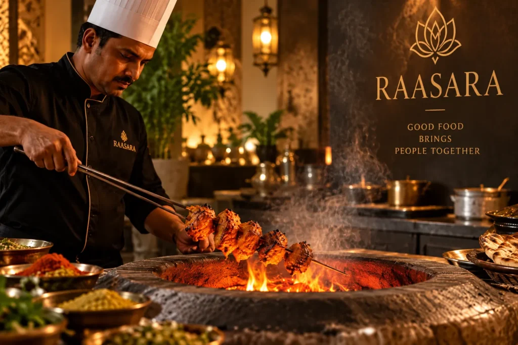 Chef preparing traditional Indian cuisine over a glowing tandoor