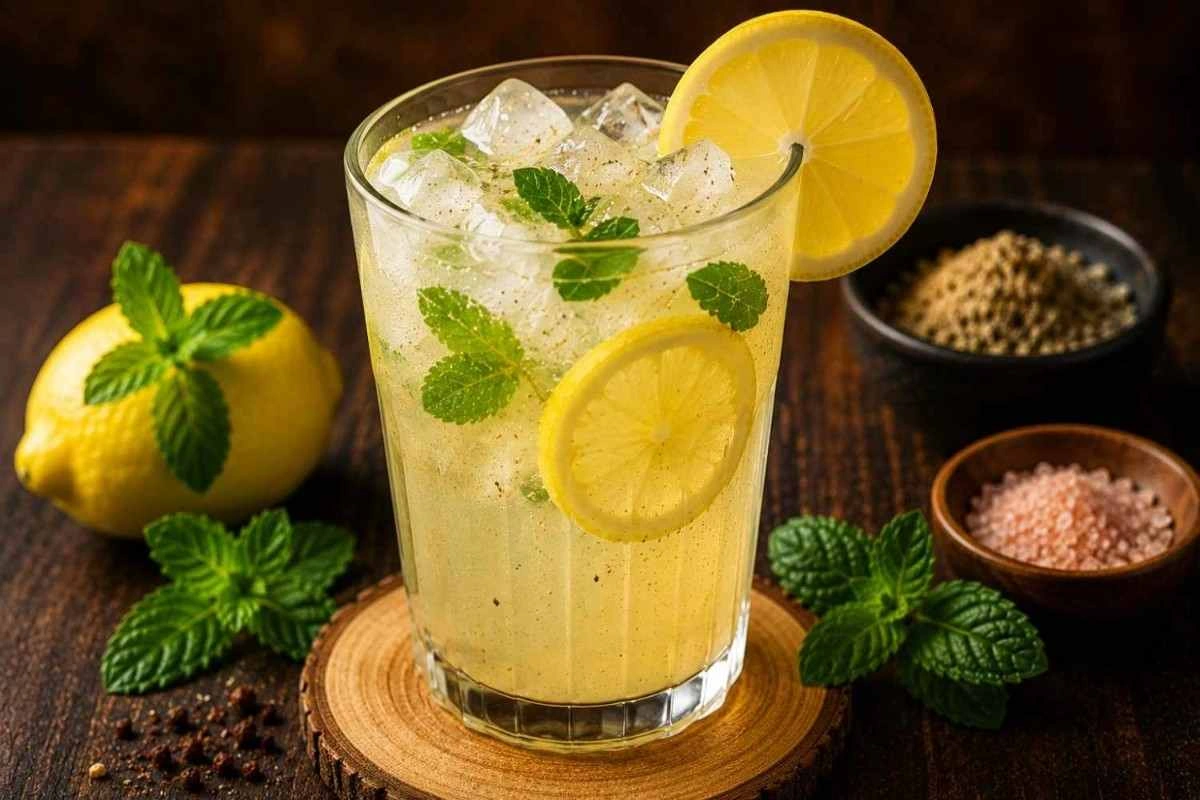 Fresh lemon mint cooler with lemon slices and fresh mint at RAASARA Fresh lemon mint cooler with lemon slices and fresh mint at RAASARA
