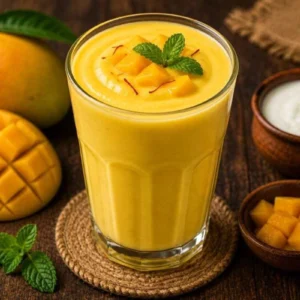 Menu Traditional mango lassi drink with fresh mango and mint at RAASARA