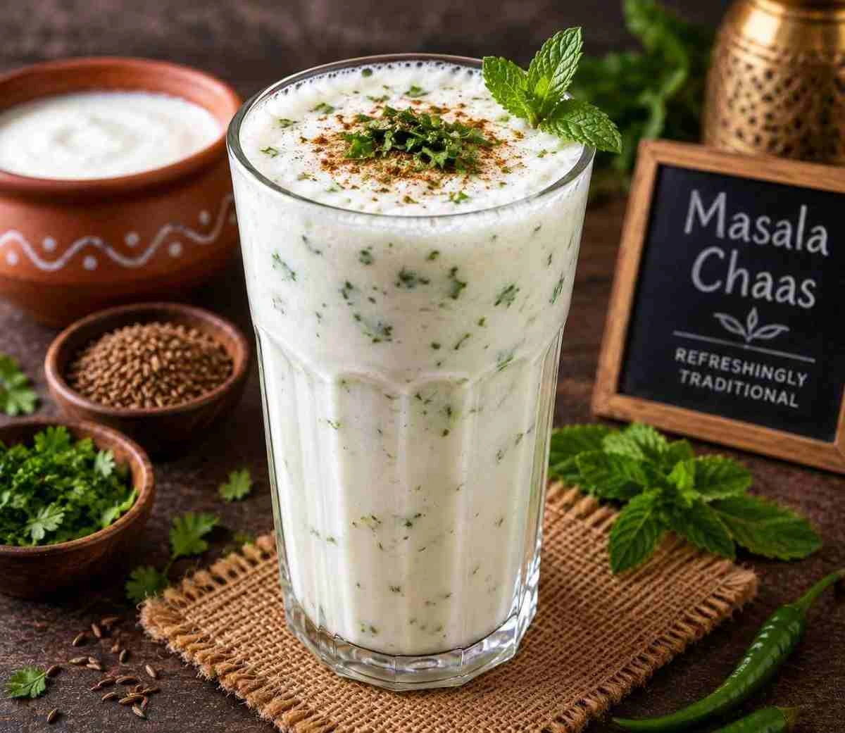Traditional masala chaas drink with mint and herbs at RAASARA Traditional masala chaas drink with mint and herbs at RAASARA