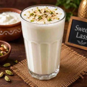 Menu Traditional sweet lassi drink topped with almonds and pistachios at RAASARA