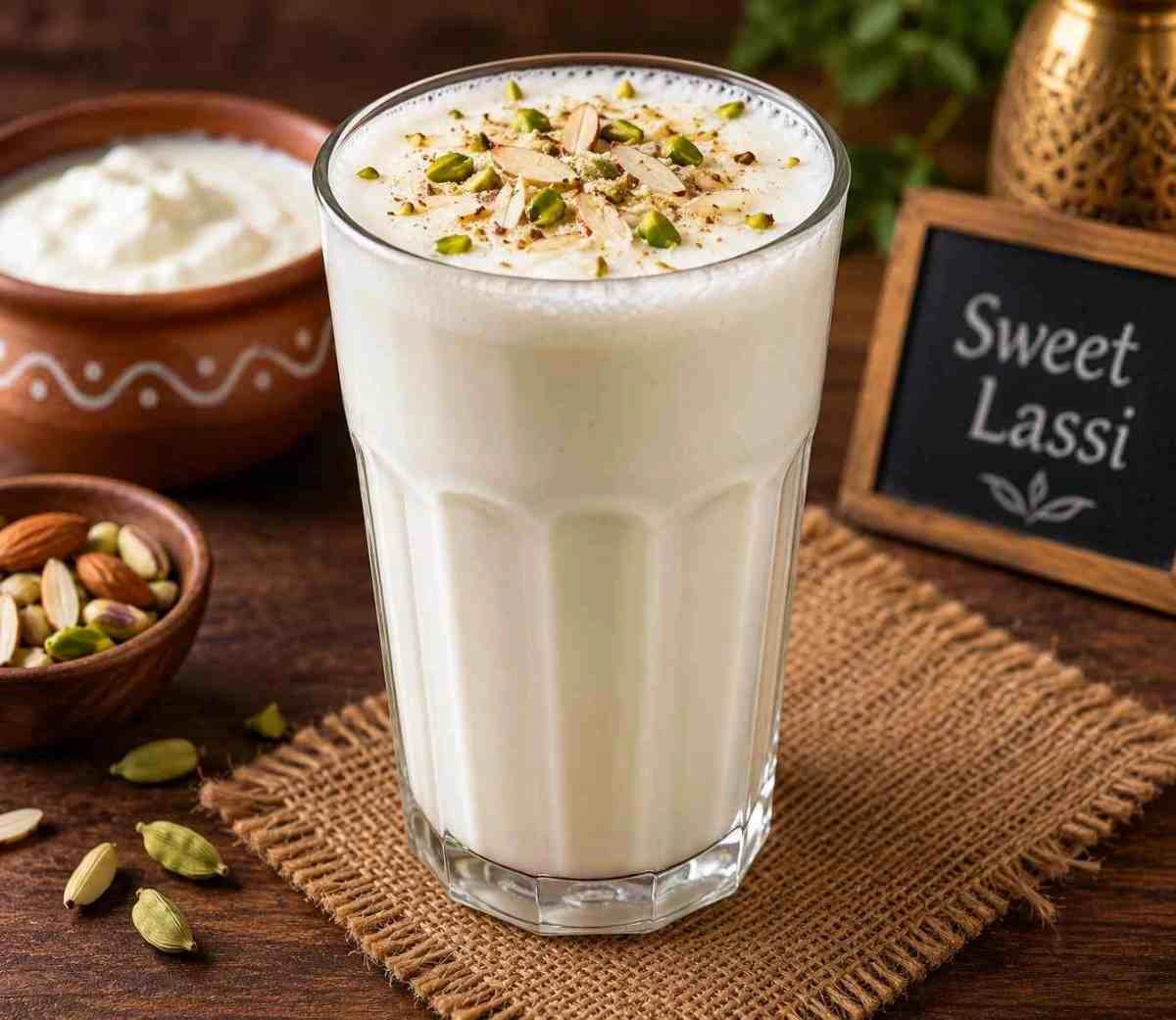Traditional sweet lassi drink topped with almonds and pistachios at RAASARA Traditional sweet lassi drink topped with almonds and pistachios at RAASARA