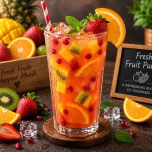 Menu Fresh fruit punch drink with mixed fruits, orange and mint at RAASARA