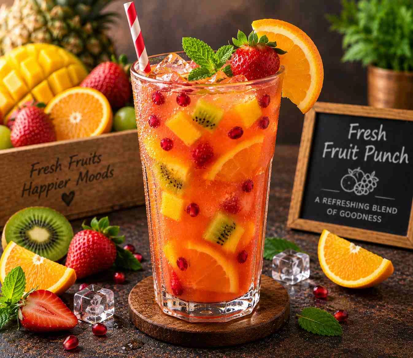 Fresh fruit punch drink with mixed fruits, orange and mint at RAASARA Fresh fruit punch drink with mixed fruits, orange and mint at RAASARA