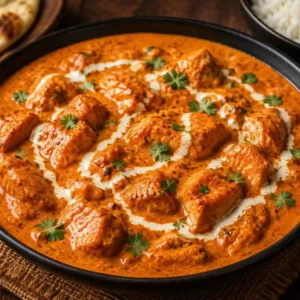 Menu Authentic butter chicken main course served with creamy tomato gravy, naan and rice at RAASARA