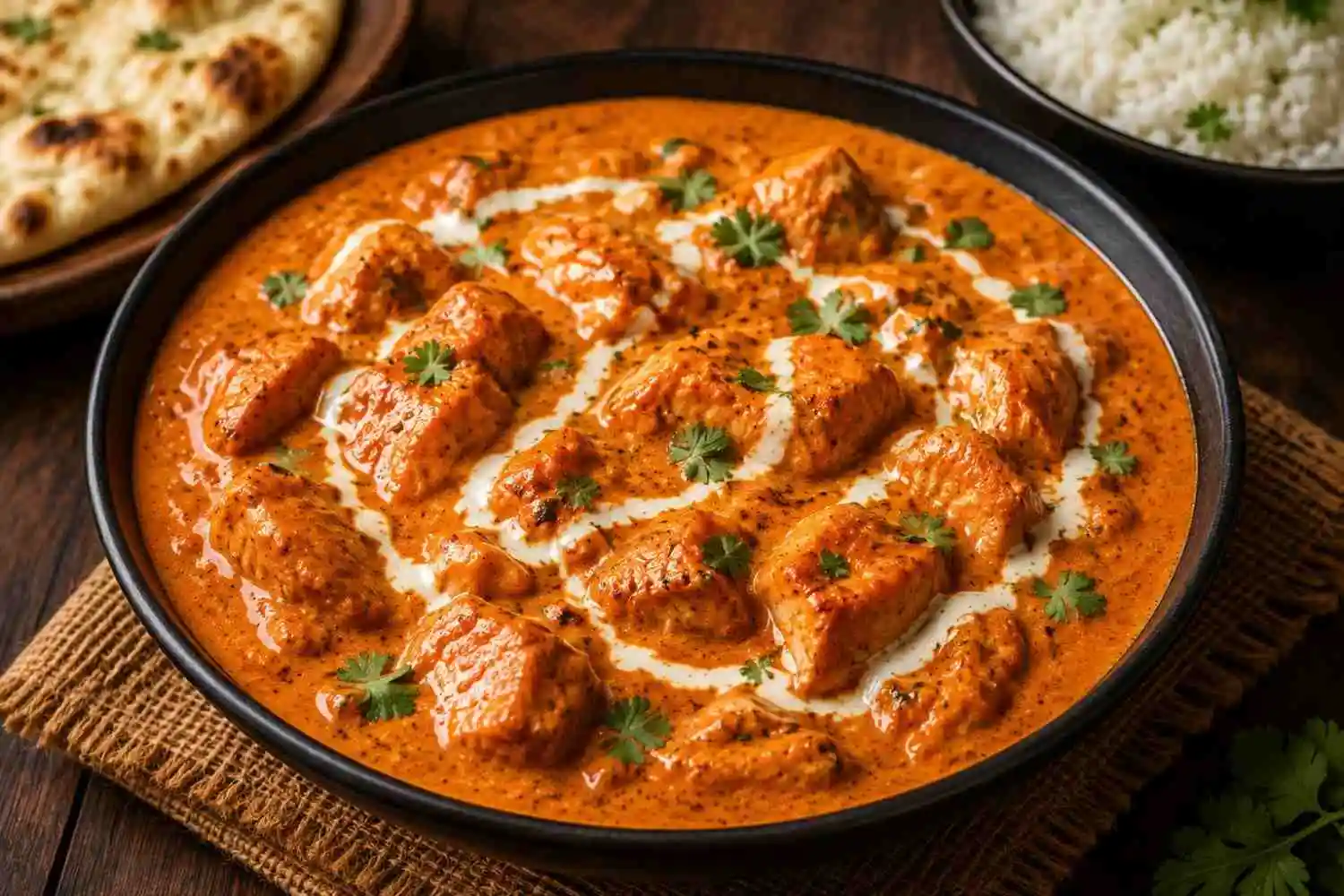 Authentic butter chicken main course served with creamy tomato gravy, naan and rice at RAASARA Authentic butter chicken main course served with creamy tomato gravy, naan and rice at RAASARA