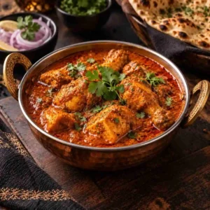 Menu Authentic chicken tikka masala main course served with naan and aromatic Indian gravy at RAASARA