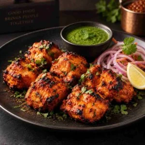 Menu Authentic chicken tikka starter served with onion rings, lemon and mint chutney at RAASARA