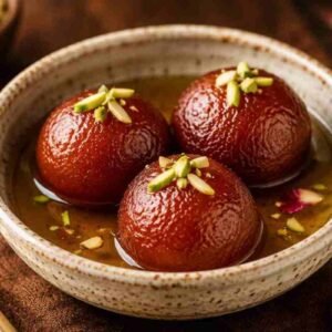 Menu Authentic Indian gulab jamun with pistachios and fragrant sugar syrup at RAASARA