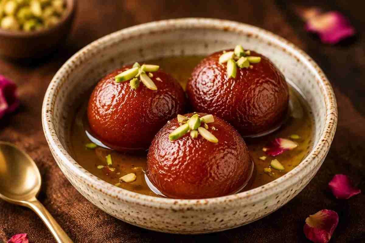 Authentic Indian gulab jamun with pistachios and fragrant sugar syrup at RAASARA Authentic Indian gulab jamun with pistachios and fragrant sugar syrup at RAASARA