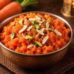 Menu Authentic Indian gajar halwa with carrots, almonds, pistachios and raisins at RAASARA
