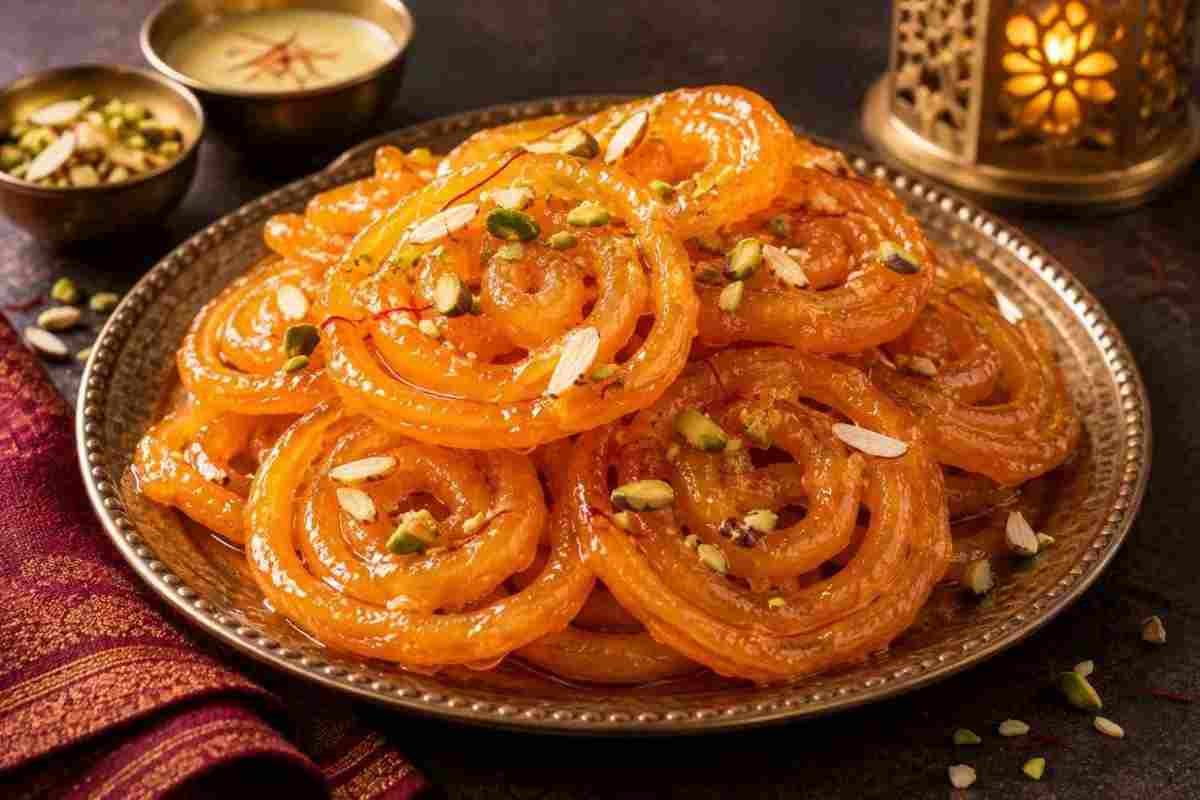 Authentic Indian jalebi dessert with crisp golden spirals, sugar syrup and pistachios at RAASARA Authentic Indian jalebi dessert with crisp golden spirals, sugar syrup and pistachios at RAASARA