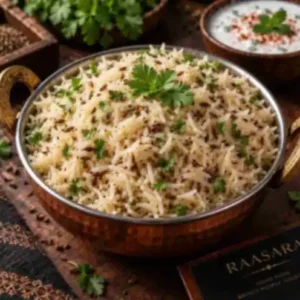 Menu Authentic Jeera Rice with fragrant basmati rice, cumin seeds and fresh coriander at RAASARA