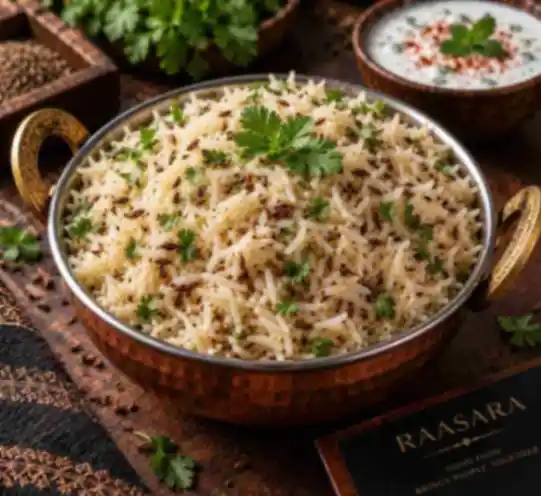 Authentic Jeera Rice with fragrant basmati rice, cumin seeds and fresh coriander at RAASARA Authentic Jeera Rice with fragrant basmati rice, cumin seeds and fresh coriander at RAASARA