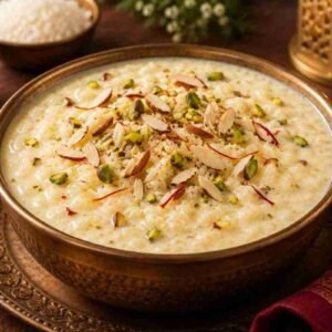 Menu Authentic Indian rice kheer dessert with saffron, almonds and pistachios at RAASARA