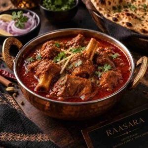 Menu Authentic Mutton Rogan Josh main course with tender bone-in mutton and aromatic red gravy at RAASARA