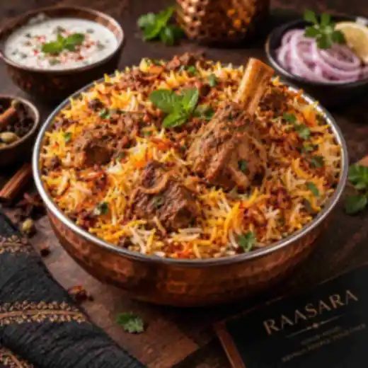 Authentic mutton biryani with tender mutton, basmati rice and aromatic Indian spices at RAASARA Authentic mutton biryani with tender mutton, basmati rice and aromatic Indian spices at RAASARA
