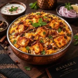Menu Authentic paneer biryani with basmati rice, paneer, fried onions and aromatic Indian spices at RAASARA