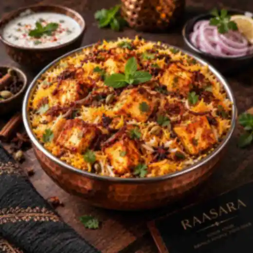 Authentic paneer biryani with basmati rice, paneer, fried onions and aromatic Indian spices at RAASARA Authentic paneer biryani with basmati rice, paneer, fried onions and aromatic Indian spices at RAASARA