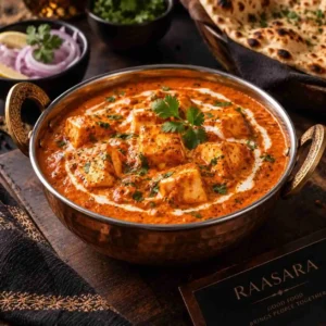 Menu Authentic Paneer Butter Masala main course with creamy tomato gravy and aromatic Indian spices at RAASARA