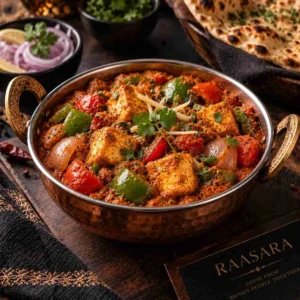Menu Authentic Kadai Paneer main course with paneer, capsicum, onions and tomatoes at RAASARA