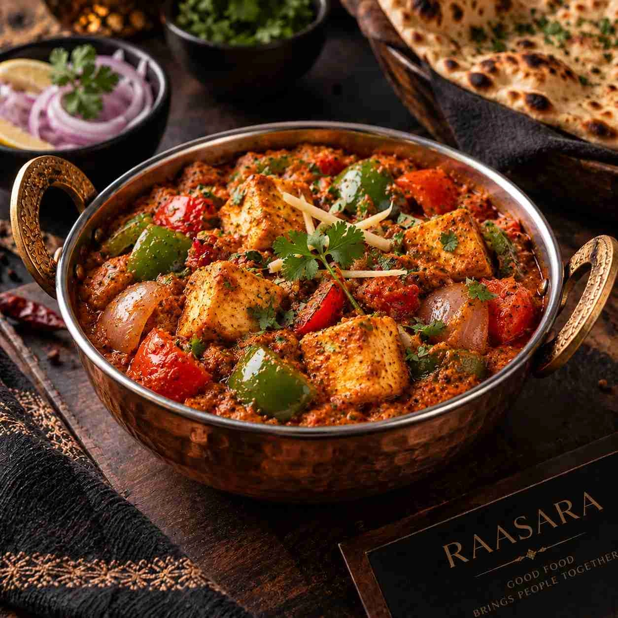 Authentic Kadai Paneer main course with paneer, capsicum, onions and tomatoes at RAASARA Authentic Kadai Paneer main course with paneer, capsicum, onions and tomatoes at RAASARA
