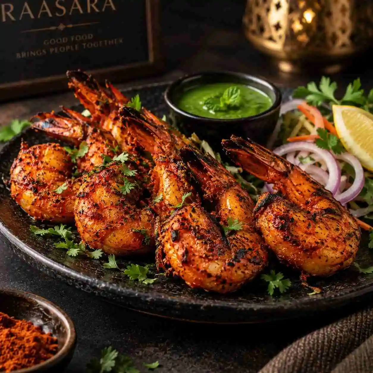Authentic tandoori prawns starter served with mint chutney, onions and lemon at RAASARA Authentic tandoori prawns starter served with mint chutney, onions and lemon at RAASARA