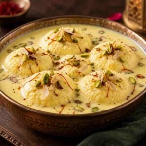 Menu Authentic Indian rasmalai dessert with saffron milk, pistachios and almonds at RAASARA