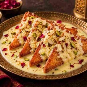 Menu Authentic Indian shahi tukda with creamy rabri, pistachios, almonds and rose petals at RAASARA