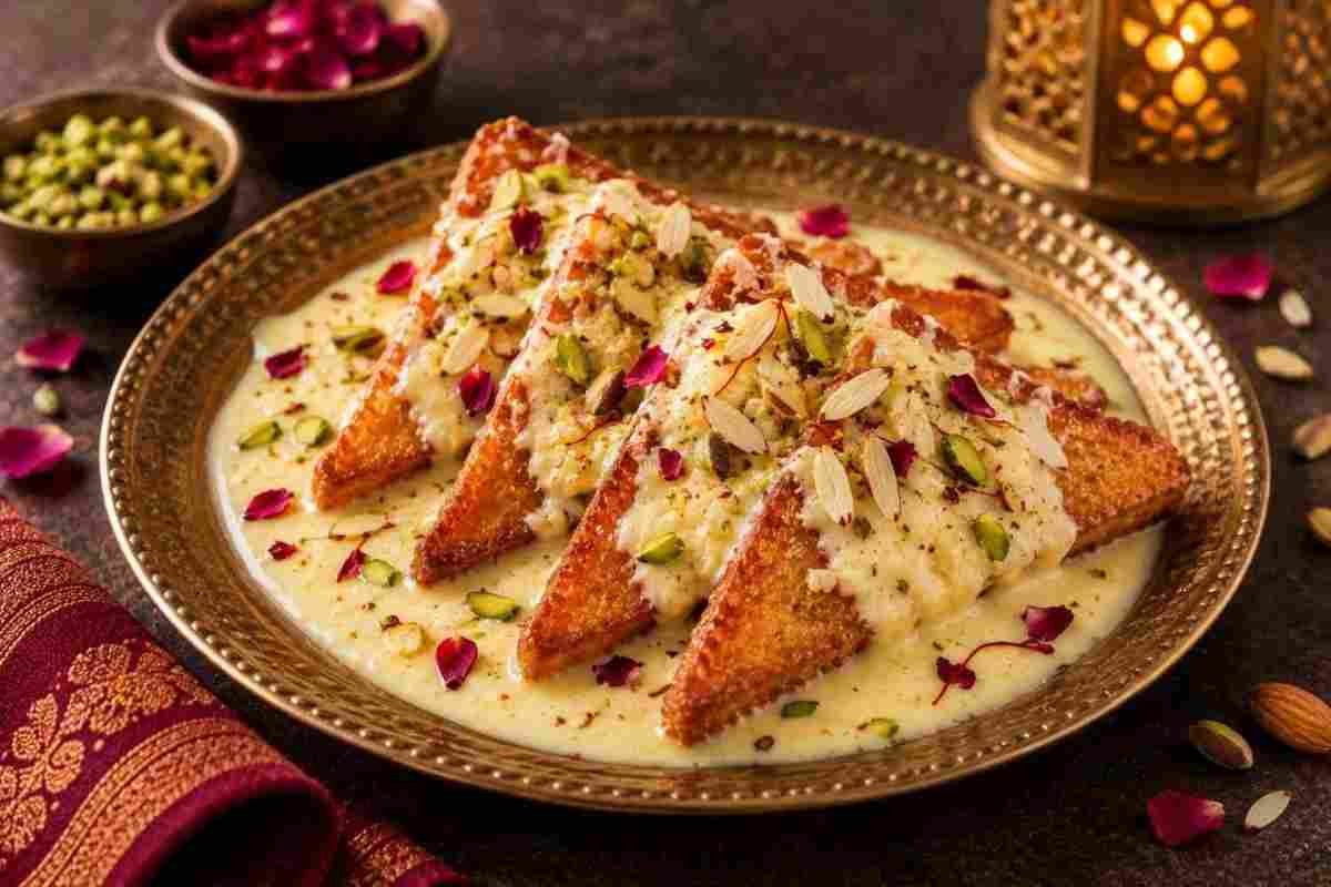 Authentic Indian shahi tukda with creamy rabri, pistachios, almonds and rose petals at RAASARA Authentic Indian shahi tukda with creamy rabri, pistachios, almonds and rose petals at RAASARA