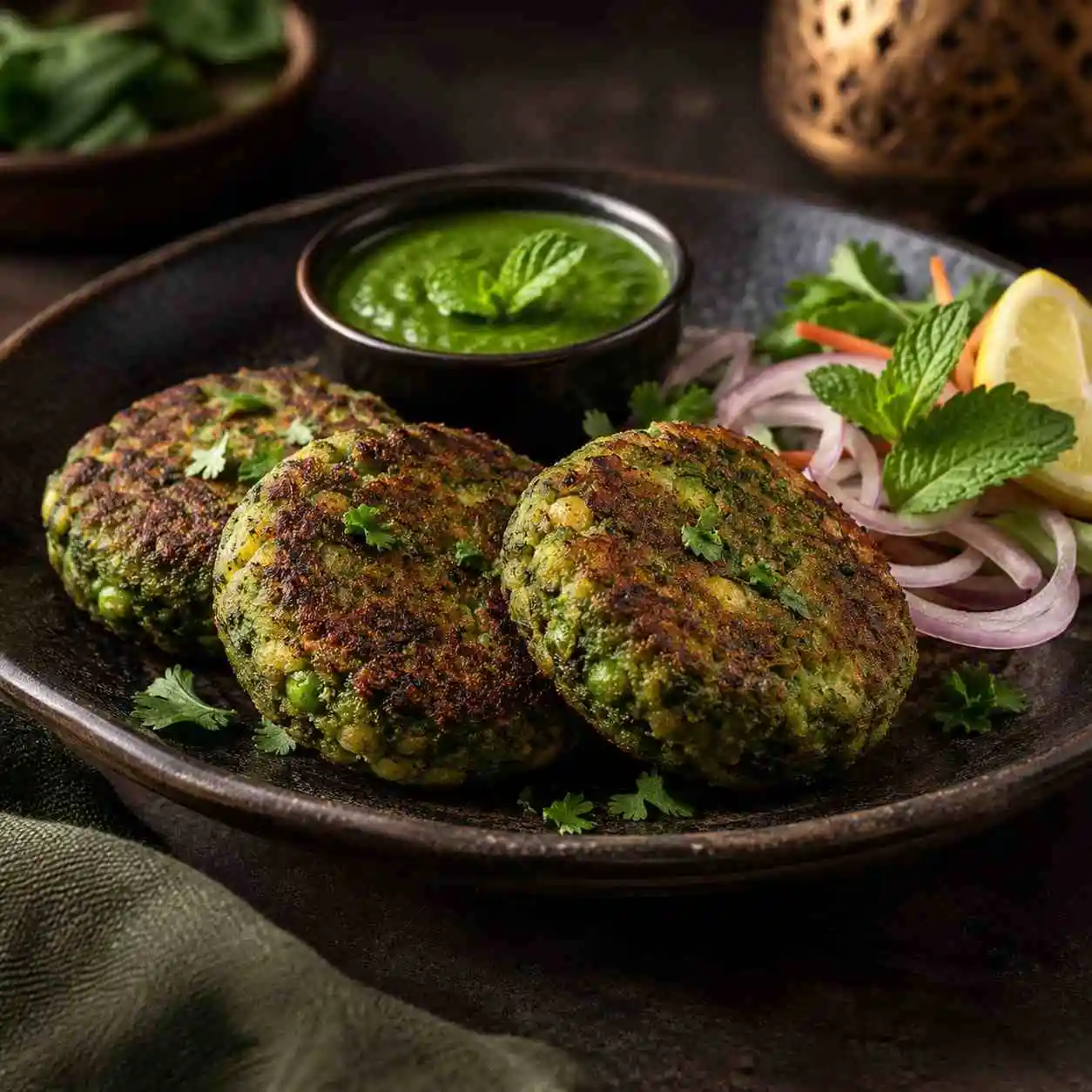 Authentic Hara Bhara Kebab starter served with mint chutney, onions and lemon at RAASARA Authentic Hara Bhara Kebab starter served with mint chutney, onions and lemon at RAASARA