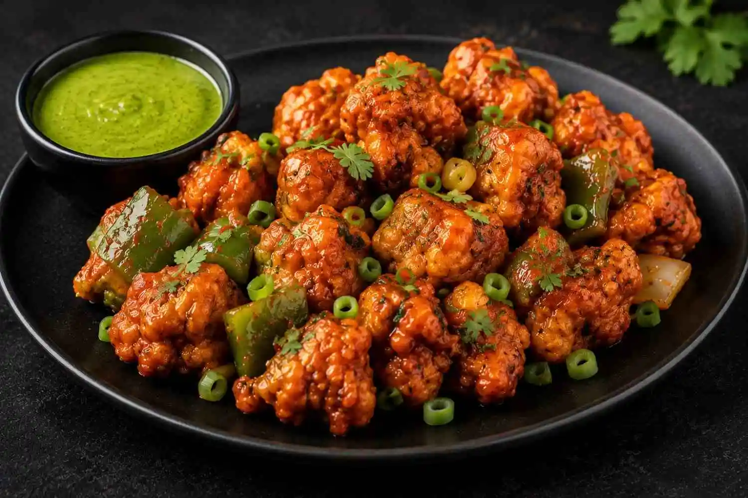 Authentic Gobi Manchurian starter with crispy cauliflower, capsicum and spring onion at RAASARA Authentic Gobi Manchurian starter with crispy cauliflower, capsicum and spring onion at RAASARA