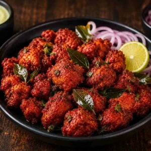 Menu Authentic Chicken 65 starter served with onions, lemon and Indian spices at RAASARA