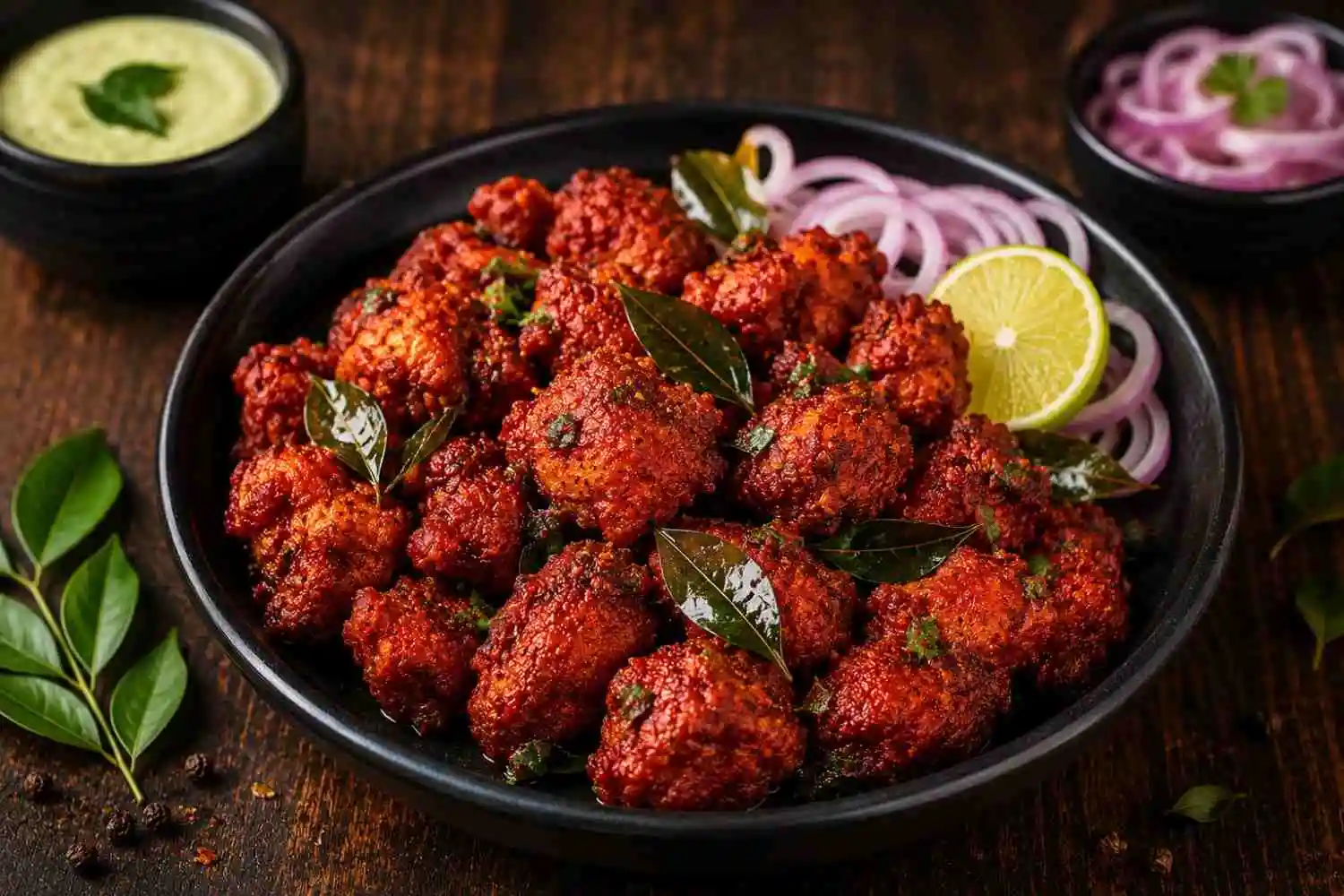 Authentic Chicken 65 starter served with onions, lemon and Indian spices at RAASARA Authentic Chicken 65 starter served with onions, lemon and Indian spices at RAASARA