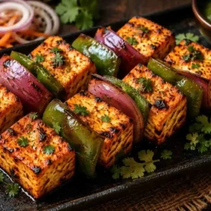Menu Authentic Paneer Tikka starter with grilled bell peppers, onions and mint chutney at RAASARA