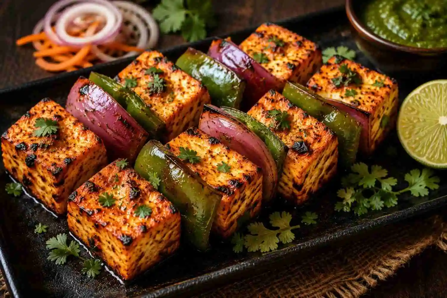 Authentic Paneer Tikka starter with grilled bell peppers, onions and mint chutney at RAASARA Authentic Paneer Tikka starter with grilled bell peppers, onions and mint chutney at RAASARA
