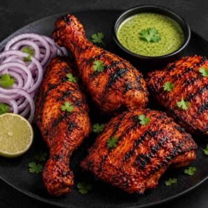 Menu Tandoori chicken with onion rings, lemon and mint chutney at RAASARA