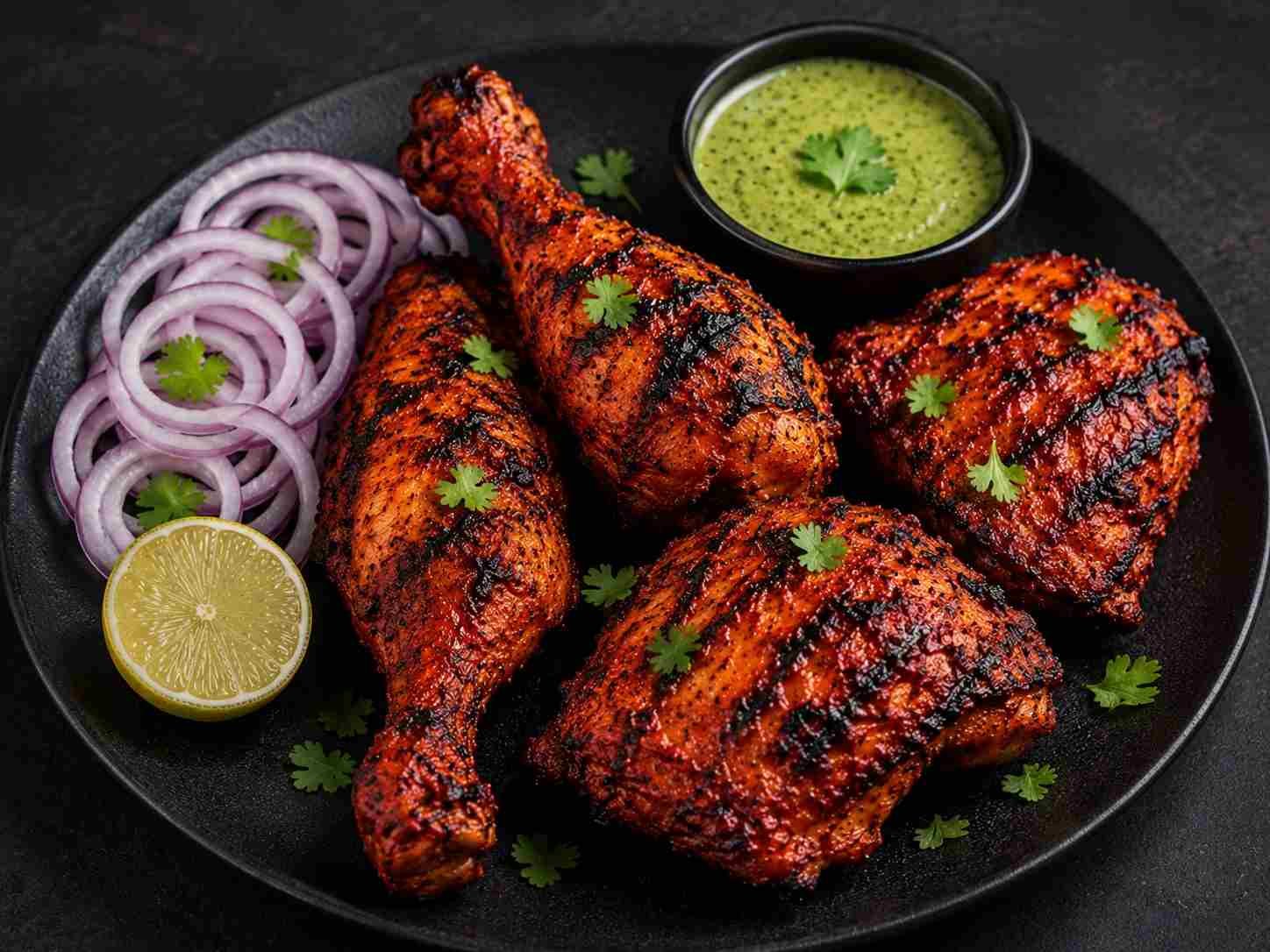 Tandoori chicken with onion rings, lemon and mint chutney at RAASARA Tandoori chicken with onion rings, lemon and mint chutney at RAASARA
