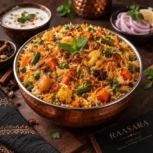Menu Authentic Indian vegetable biryani with basmati rice, fresh vegetables and aromatic spices at RAASARA
