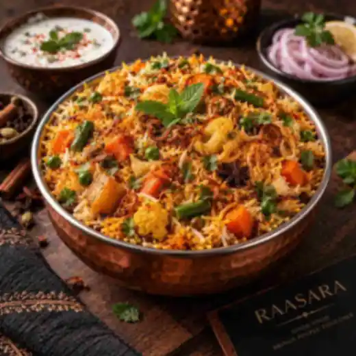 Authentic Indian vegetable biryani with basmati rice, fresh vegetables and aromatic spices at RAASARA Authentic Indian vegetable biryani with basmati rice, fresh vegetables and aromatic spices at RAASARA