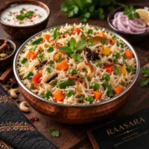 Authentic Indian vegetable pulao with basmati rice, fresh vegetables, cashews and aromatic spices at RAASARA Authentic Indian vegetable pulao with basmati rice, fresh vegetables, cashews and aromatic spices at RAASARA
